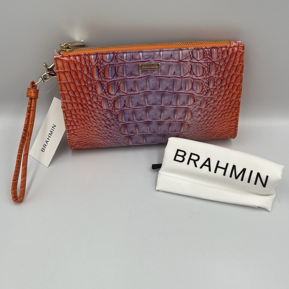 Brahmin Melbourne DAISY Zip Wristlet DAIQUIRI OMBRE Lavender Orange Leather NWT